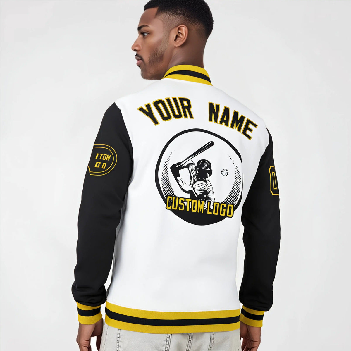 Custom White Black Bomber Full-Snap Varsity Letterman Two Tone Jacket