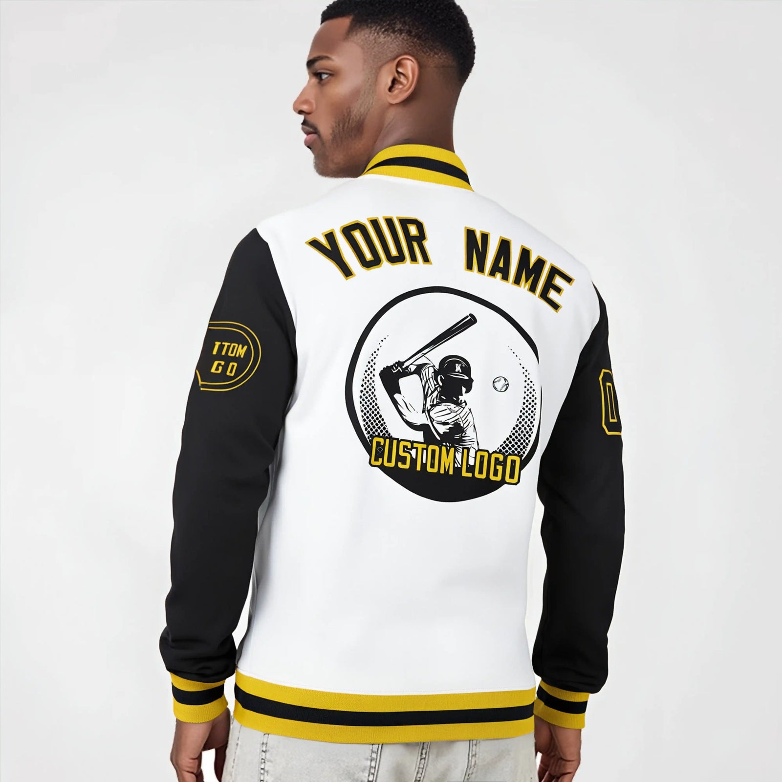 Custom White Black Bomber Full-Snap Varsity Letterman Two Tone Jacket