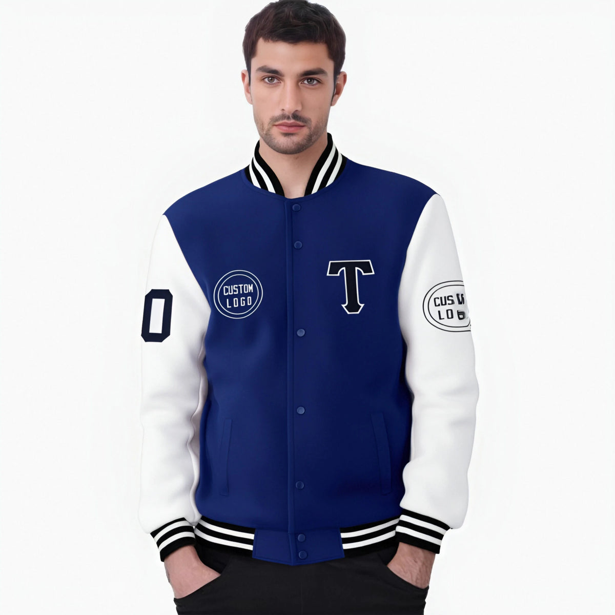 Custom Royal Blue White Bomber Full-Snap Varsity Letterman Two Tone Jacket
