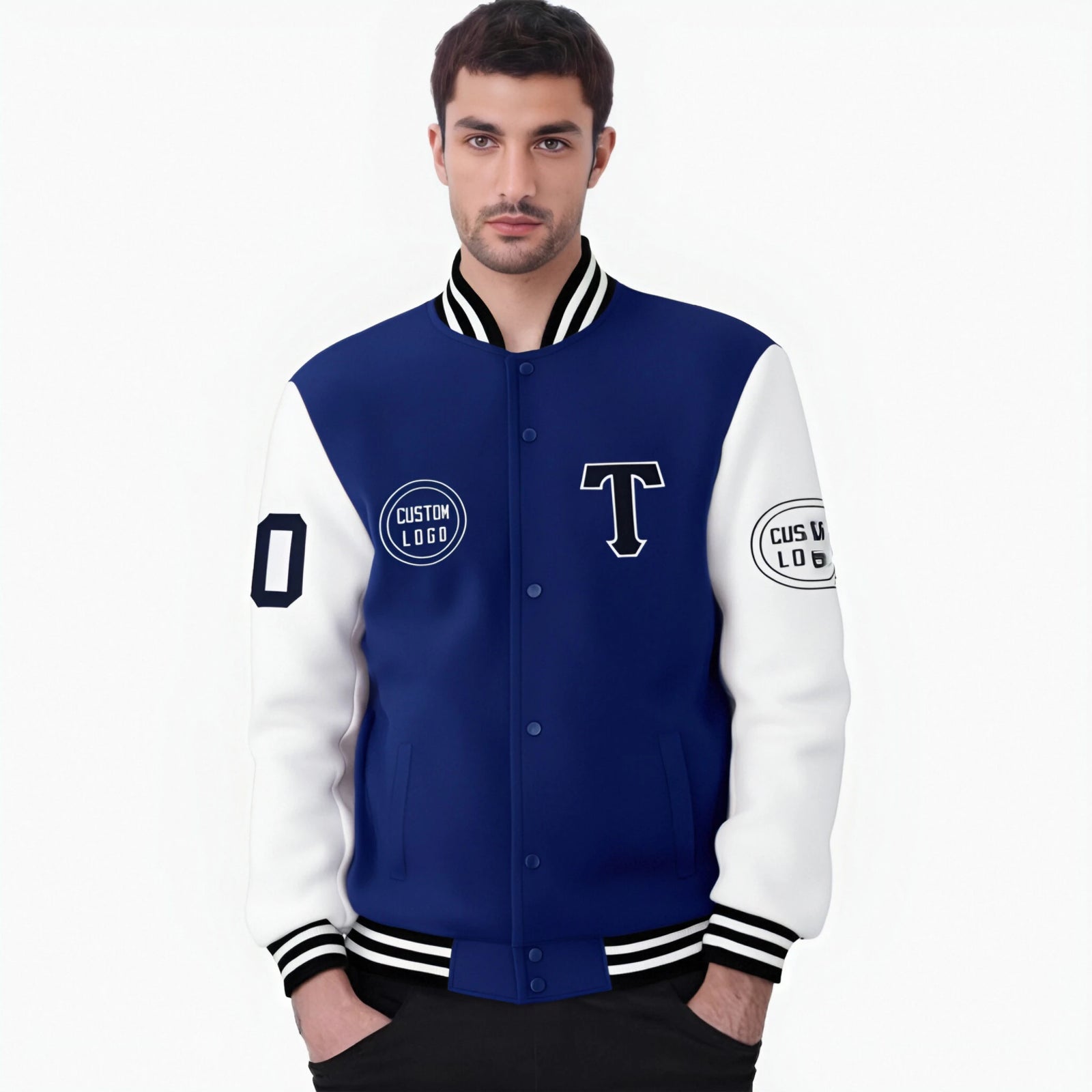 Custom Royal Blue White Bomber Full-Snap Varsity Letterman Two Tone Jacket