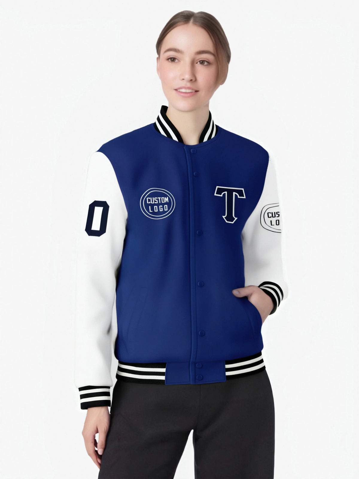 Custom Royal Blue White Bomber Full-Snap Varsity Letterman Two Tone Jacket