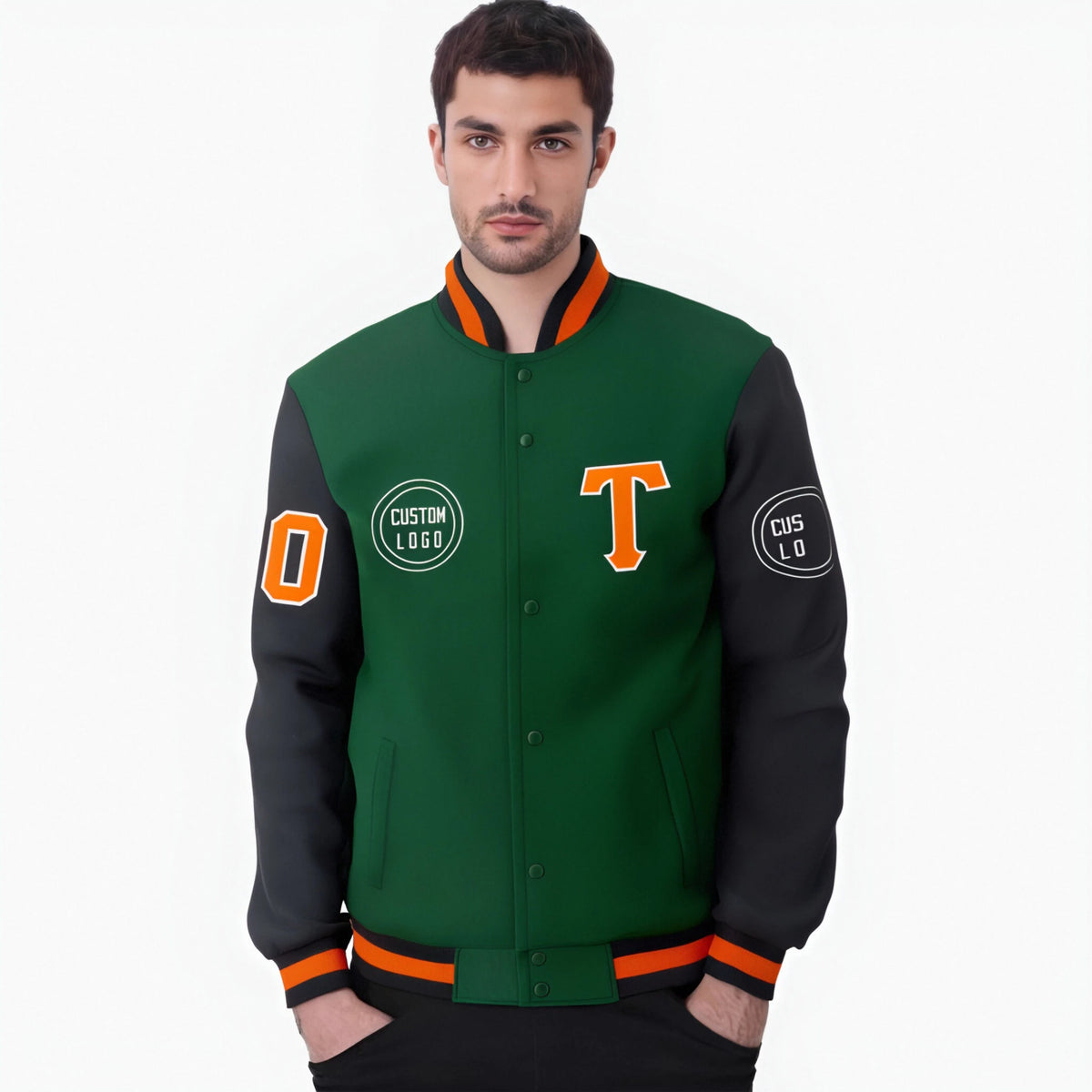 Custom Green Black Bomber Full-Snap Varsity Letterman Two Tone Jacket
