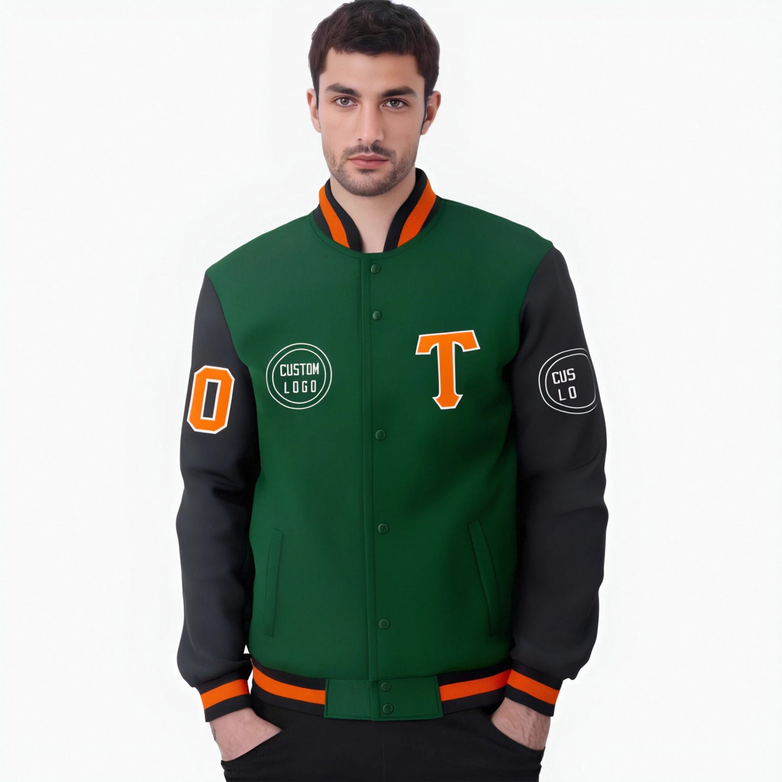 Custom Green Black Bomber Full-Snap Varsity Letterman Two Tone Jacket
