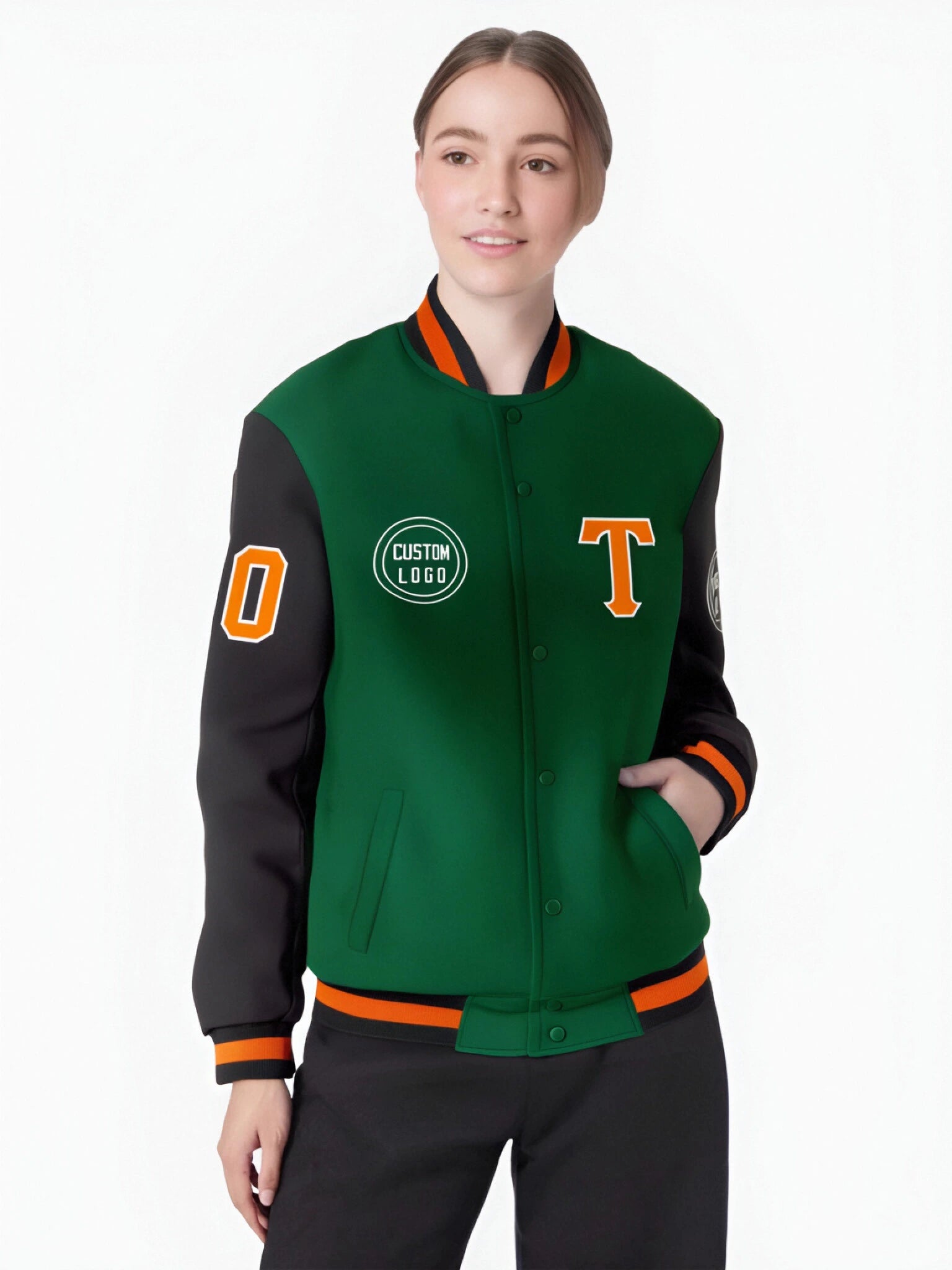 Custom Green Black Bomber Full-Snap Varsity Letterman Two Tone Jacket