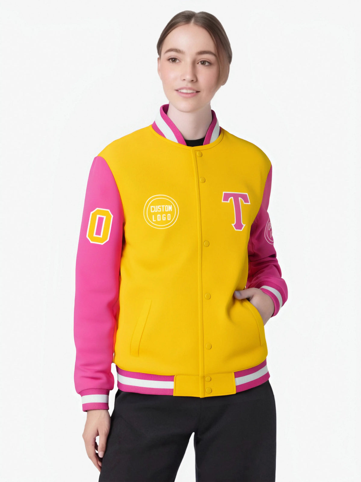 Custom Gold-1 Pink Bomber Full-Snap Varsity Letterman Two Tone Jacket
