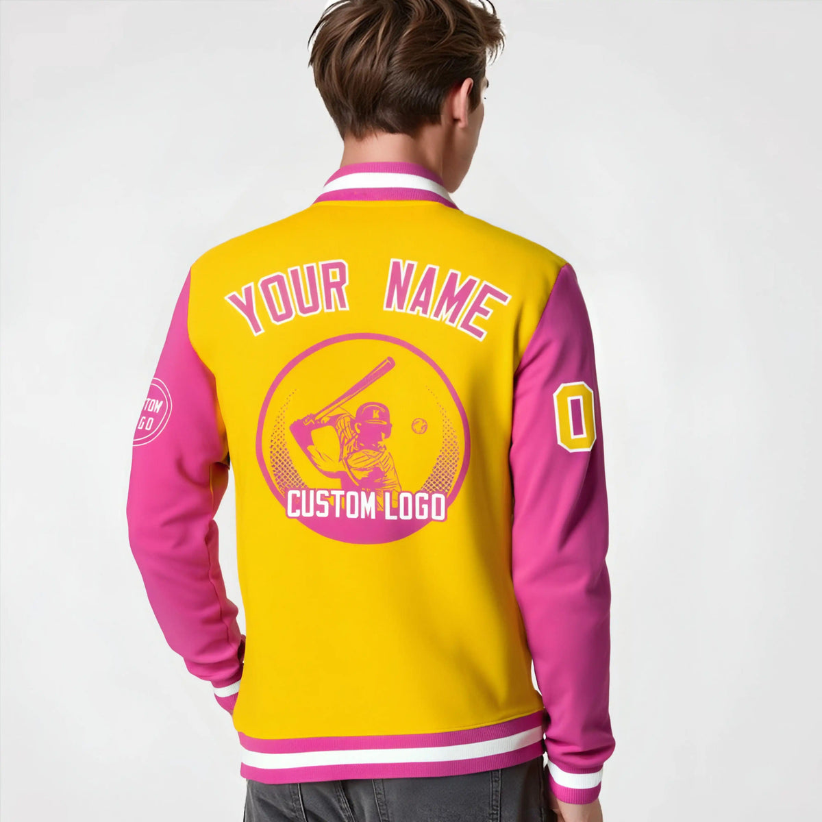 Custom Gold-1 Pink Bomber Full-Snap Varsity Letterman Two Tone Jacket