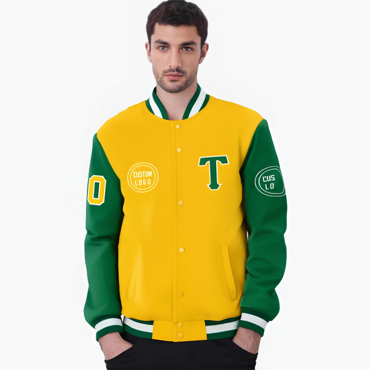 Custom Gold-1 Kelly Green Bomber Full-Snap Varsity Letterman Two Tone Jacket