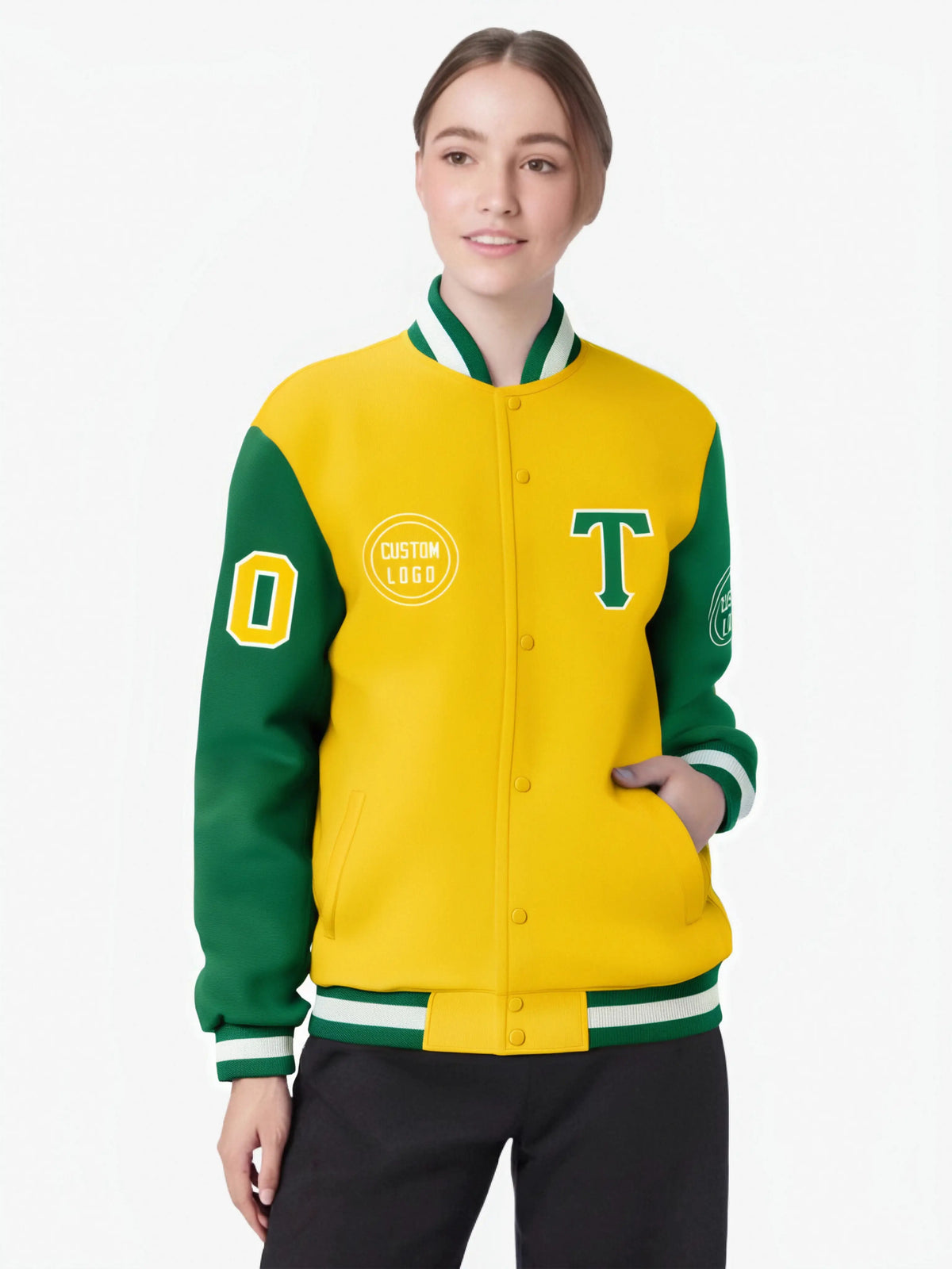 Custom Gold-1 Kelly Green Bomber Full-Snap Varsity Letterman Two Tone Jacket