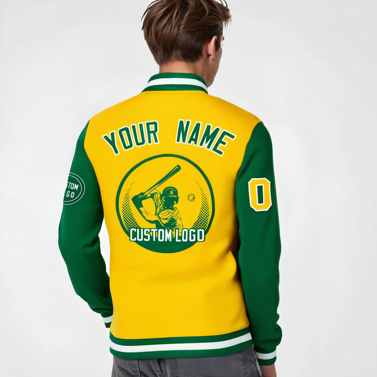 Custom Gold-1 Kelly Green Bomber Full-Snap Varsity Letterman Two Tone Jacket