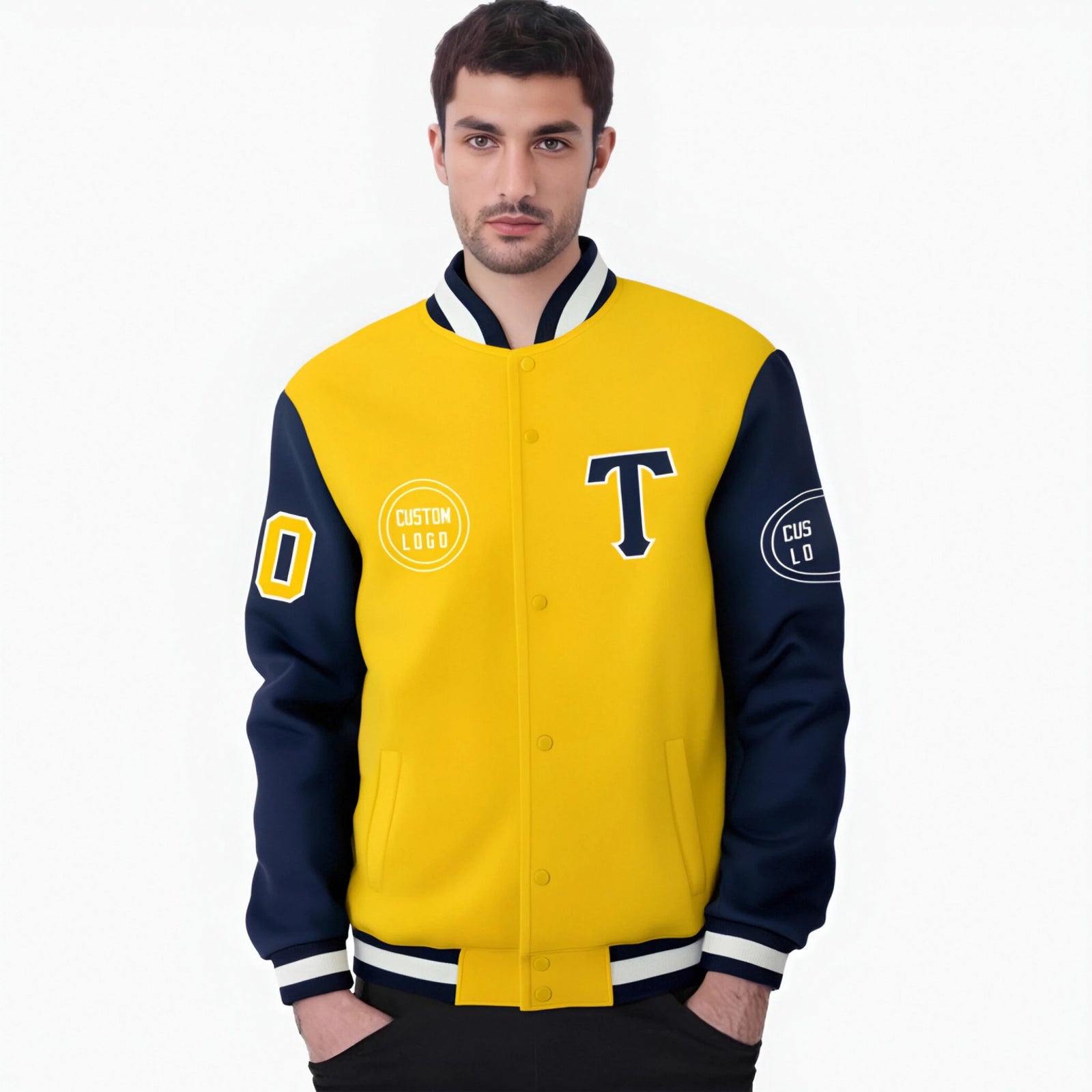 Custom Gold-1 Navy Bomber Full-Snap Varsity Letterman Two Tone Jacket