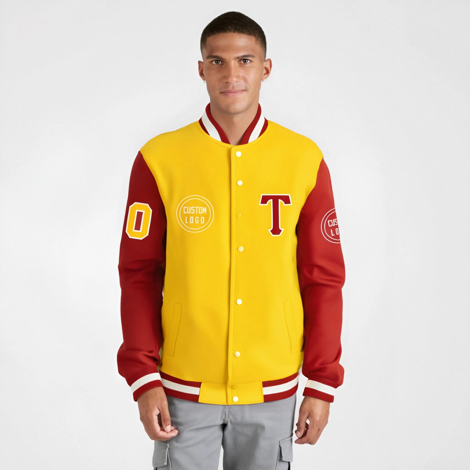 Custom Gold-1 Red Bomber Full-Snap Varsity Letterman Two Tone Jacket