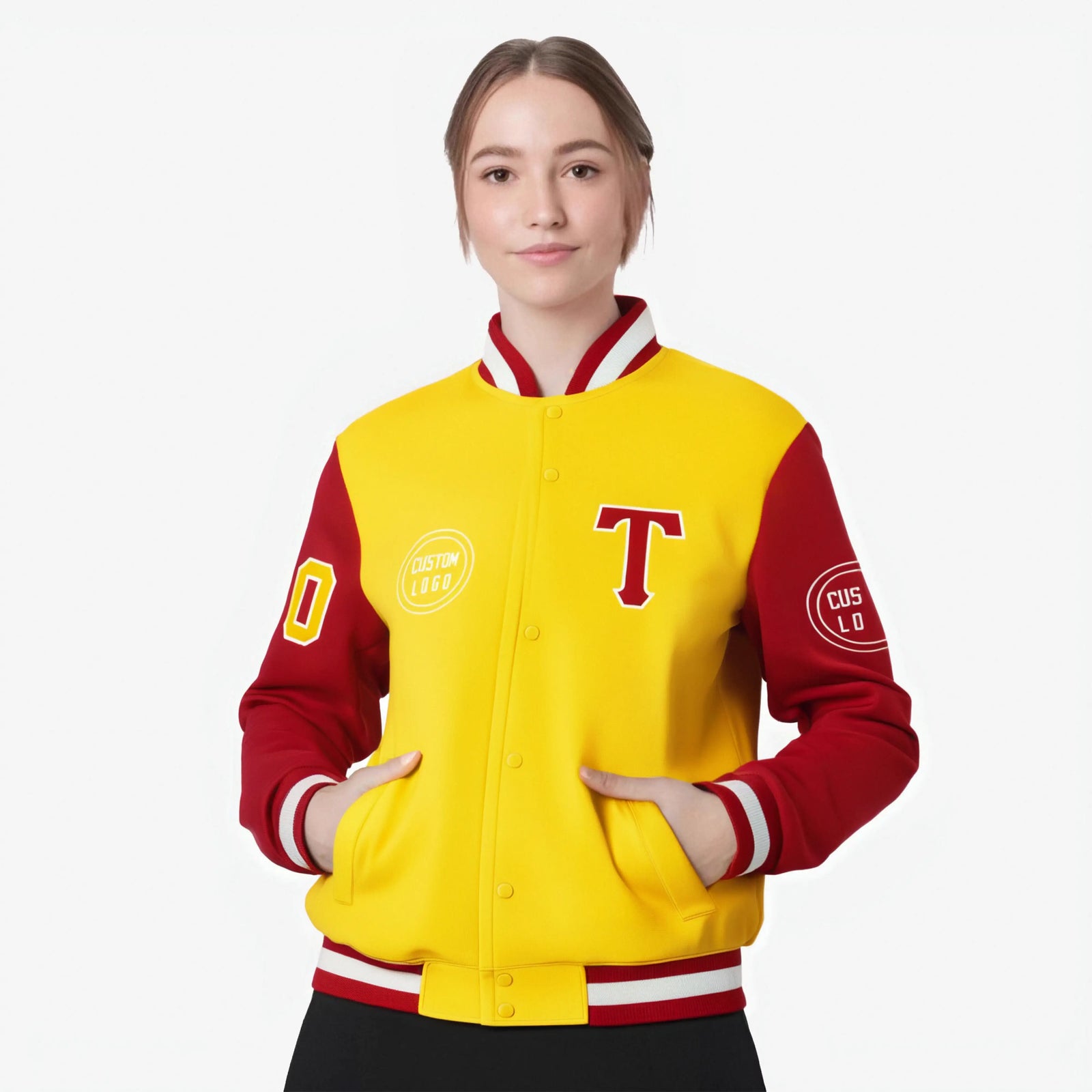 Custom Gold-1 Red Bomber Full-Snap Varsity Letterman Two Tone Jacket