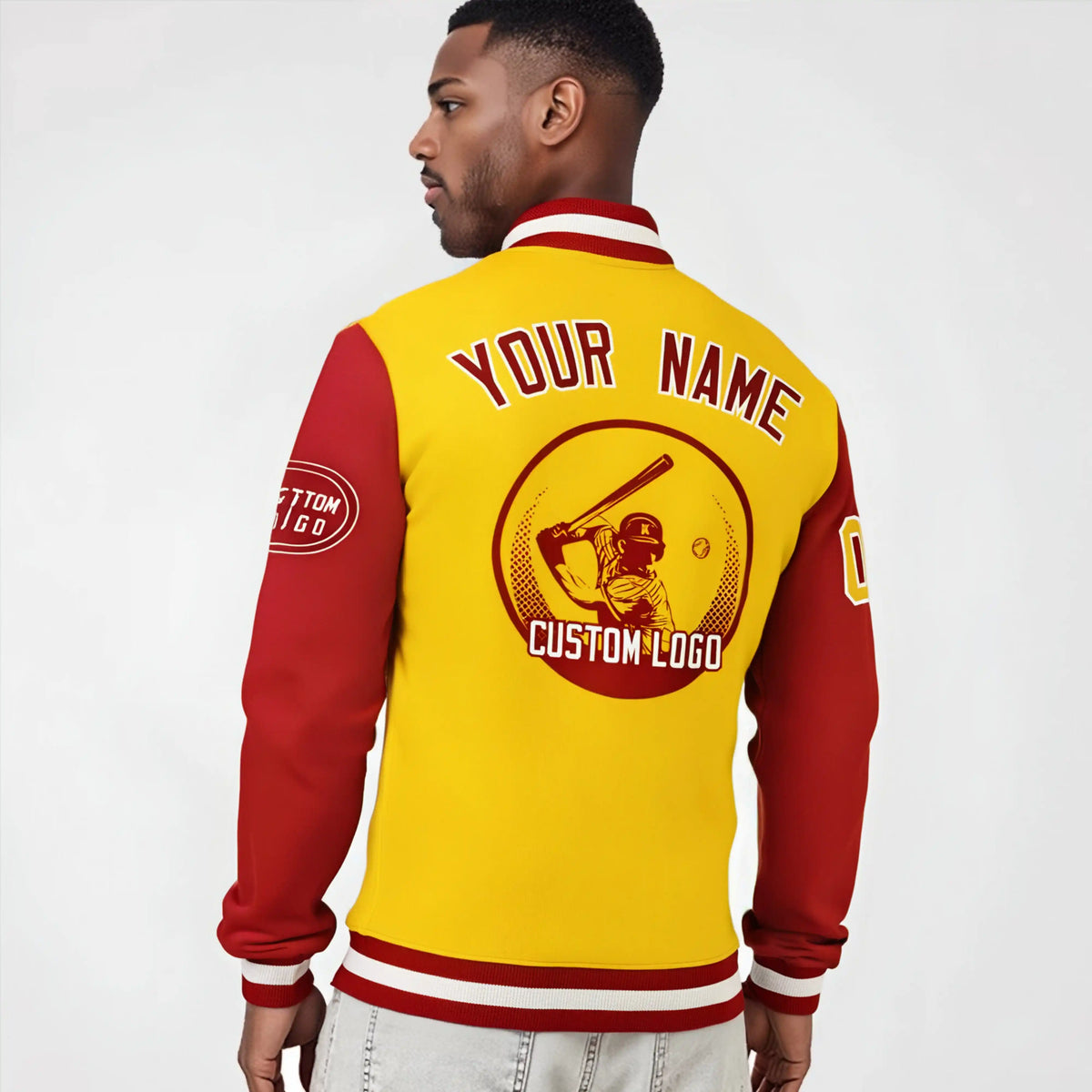 Custom Gold-1 Red Bomber Full-Snap Varsity Letterman Two Tone Jacket