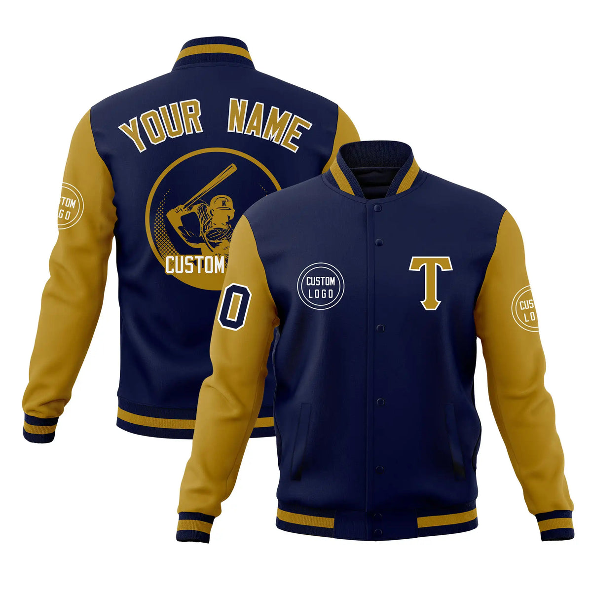 Custom Navy Old-Gold Bomber Full-Snap Varsity Letterman Two Tone Jacket