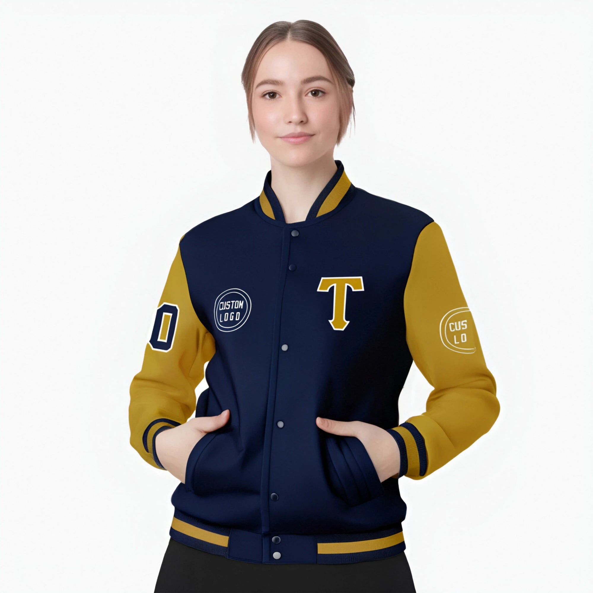 Custom Navy Old-Gold Bomber Full-Snap Varsity Letterman Two Tone Jacket