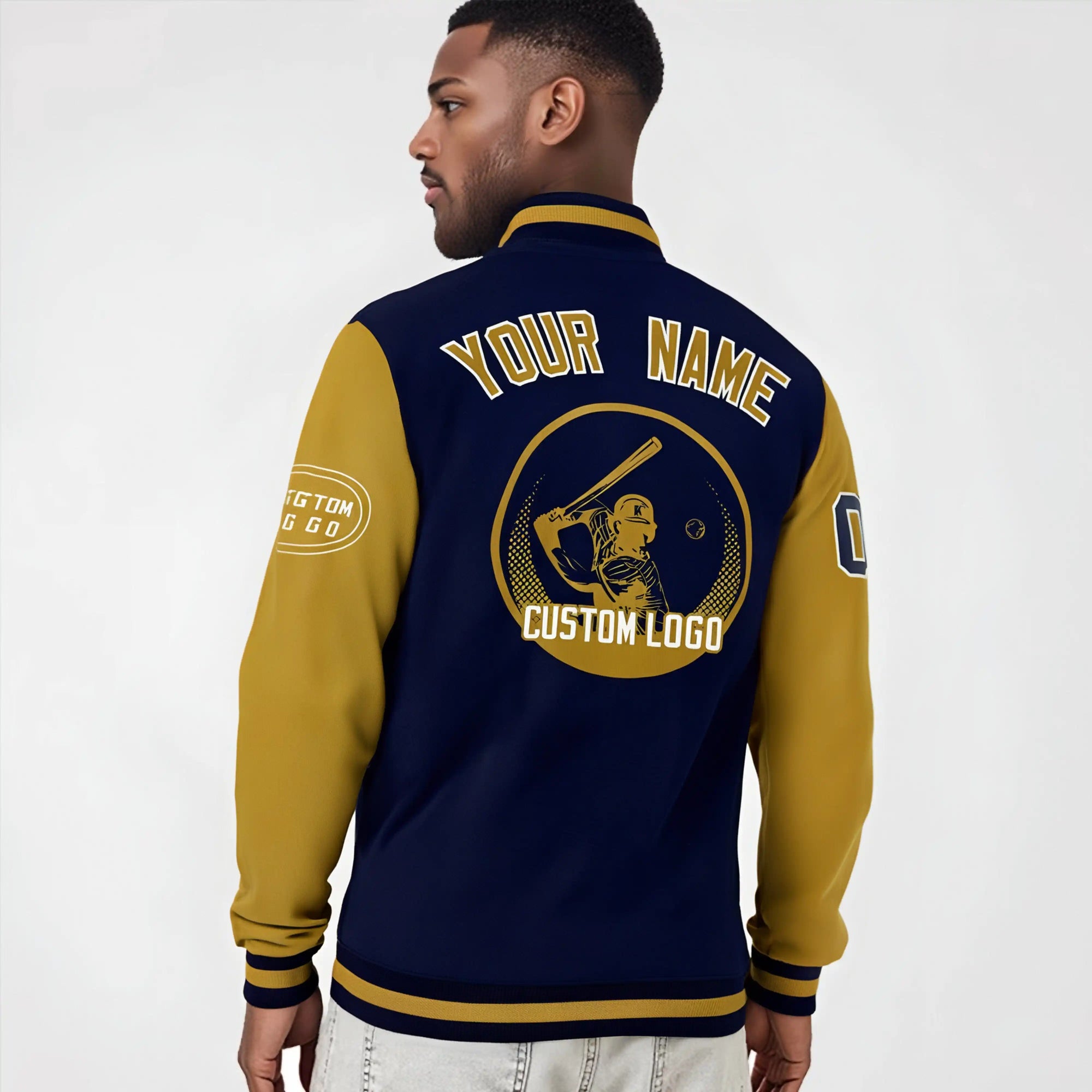 Custom Navy Old-Gold Bomber Full-Snap Varsity Letterman Two Tone Jacket