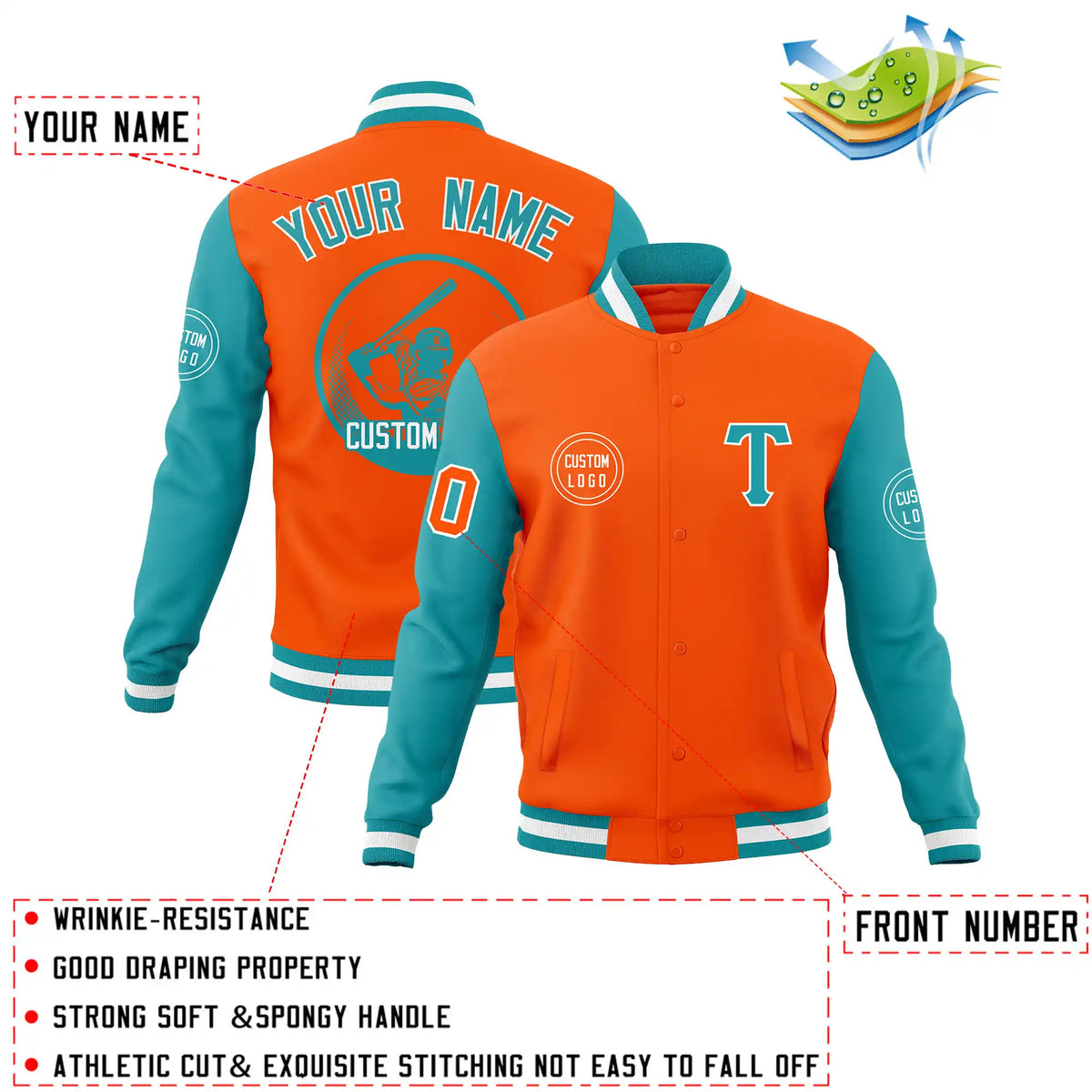 Custom Orange Aqua Bomber Full-Snap Varsity Letterman Two Tone Jacket