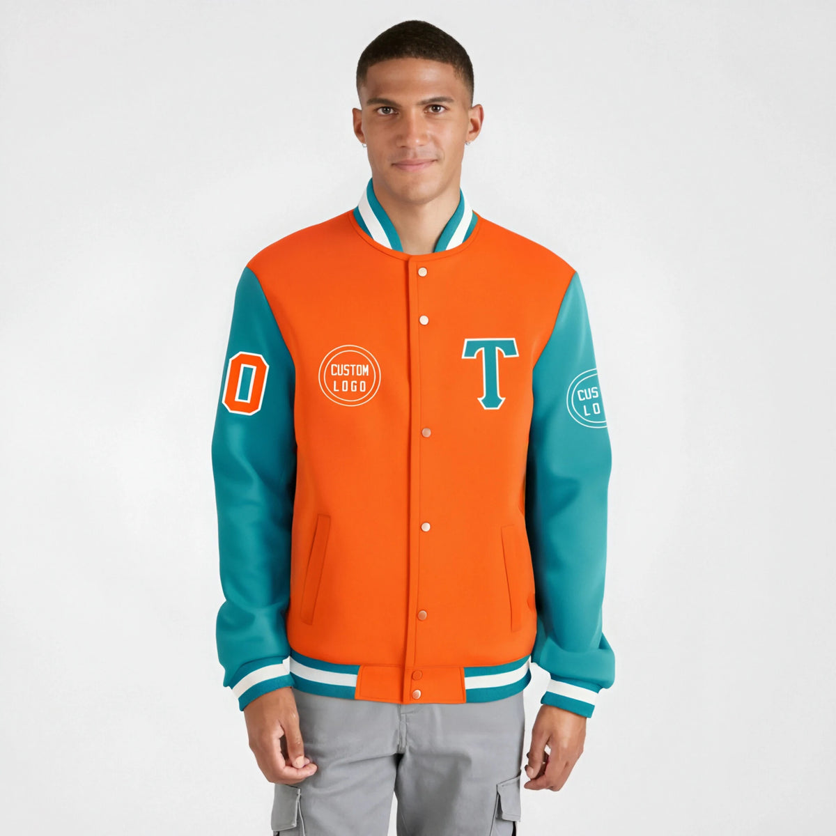 Custom Orange Aqua Bomber Full-Snap Varsity Letterman Two Tone Jacket