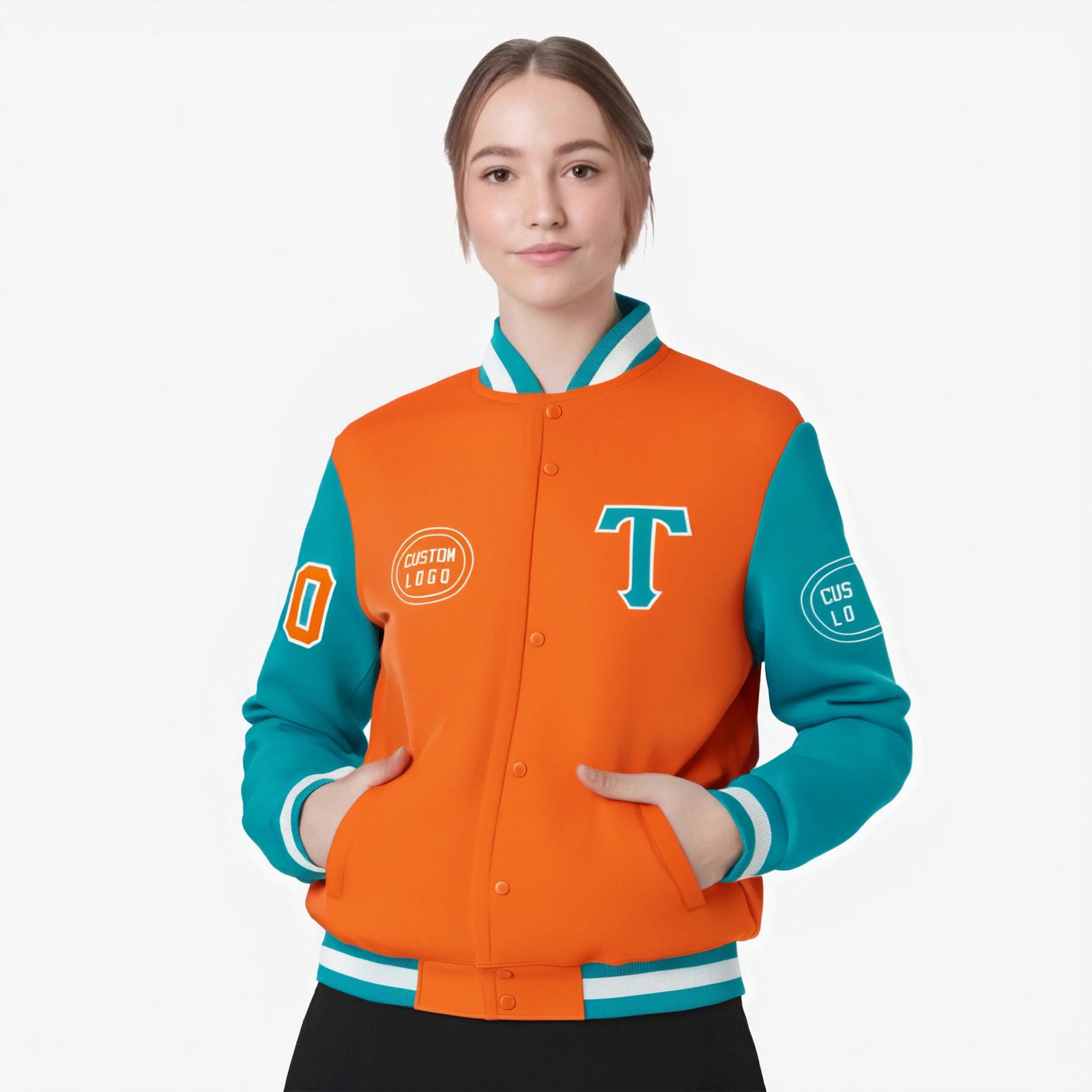 Custom Orange Aqua Bomber Full-Snap Varsity Letterman Two Tone Jacket