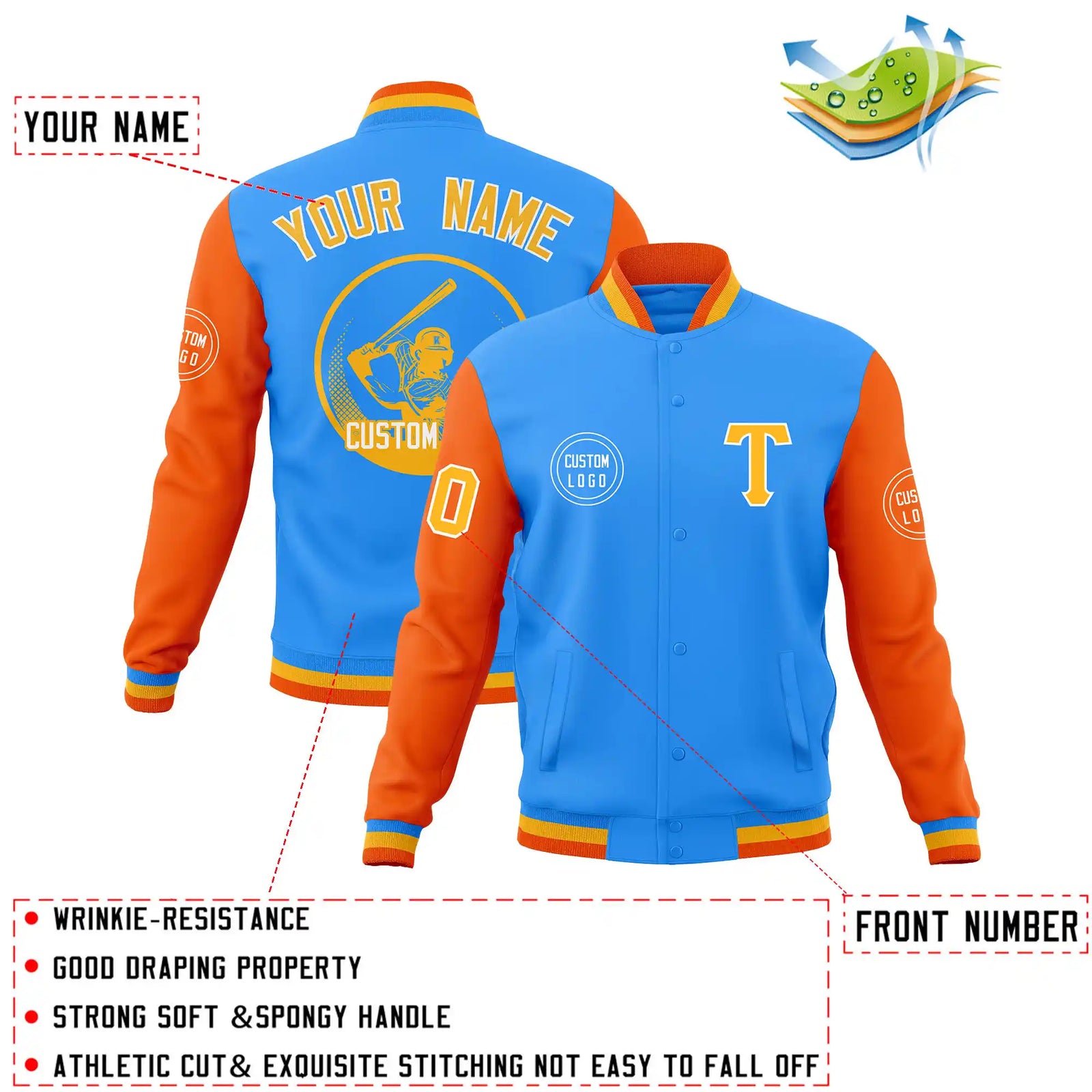 Custom Powder Blue Orange Bomber Full-Snap Varsity Letterman Two Tone Jacket