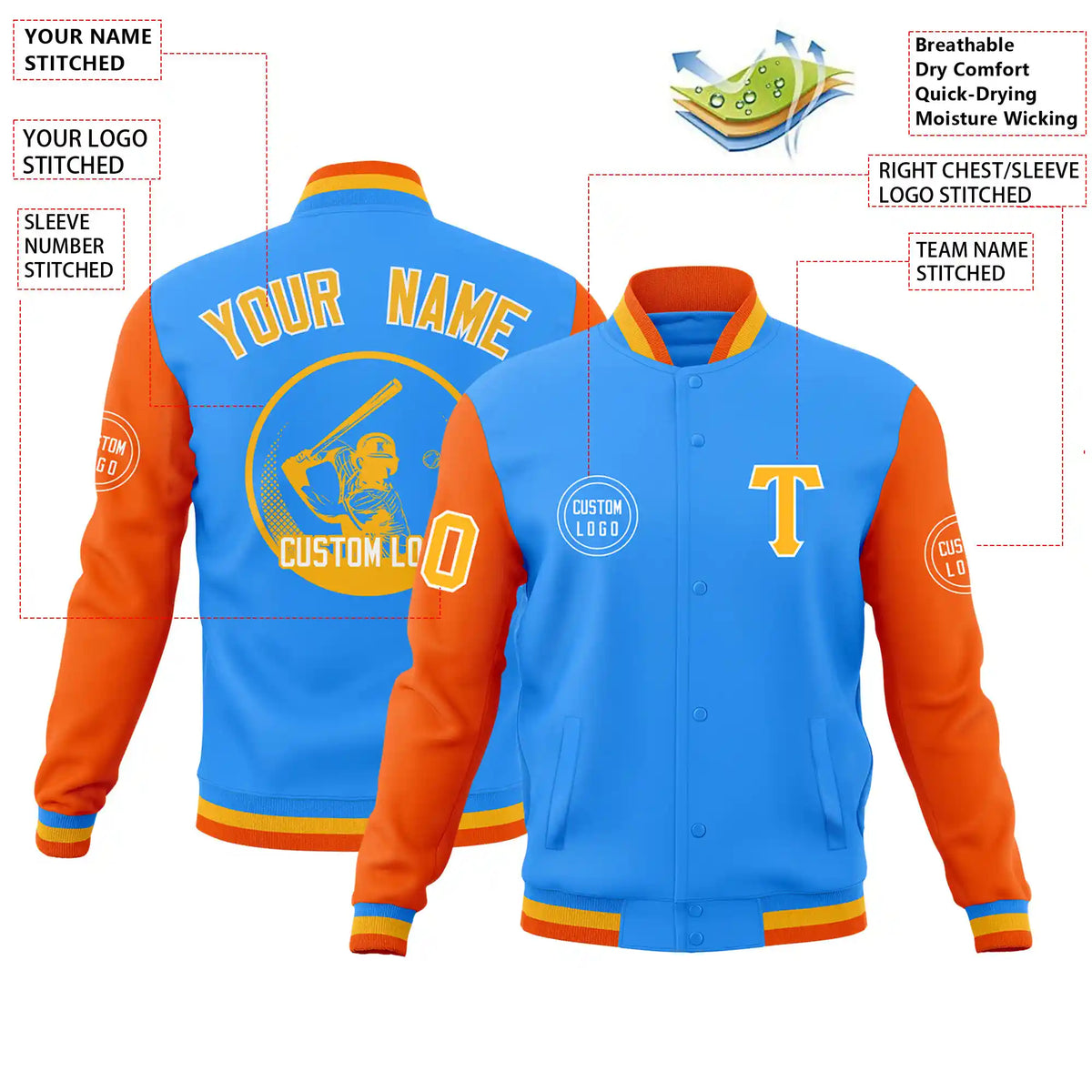 Custom Powder Blue Orange Bomber Full-Snap Varsity Letterman Two Tone Jacket