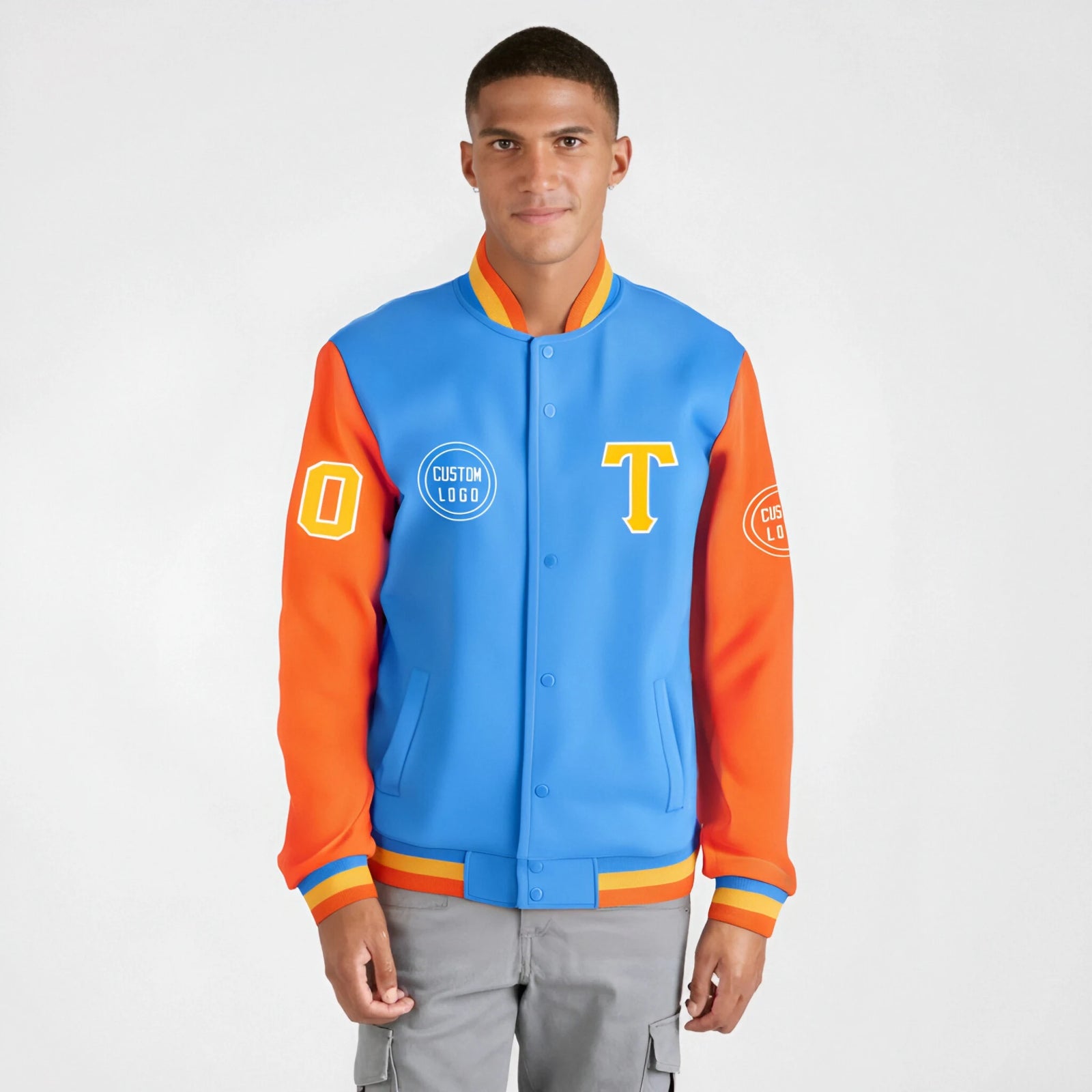 Custom Powder Blue Orange Bomber Full-Snap Varsity Letterman Two Tone Jacket