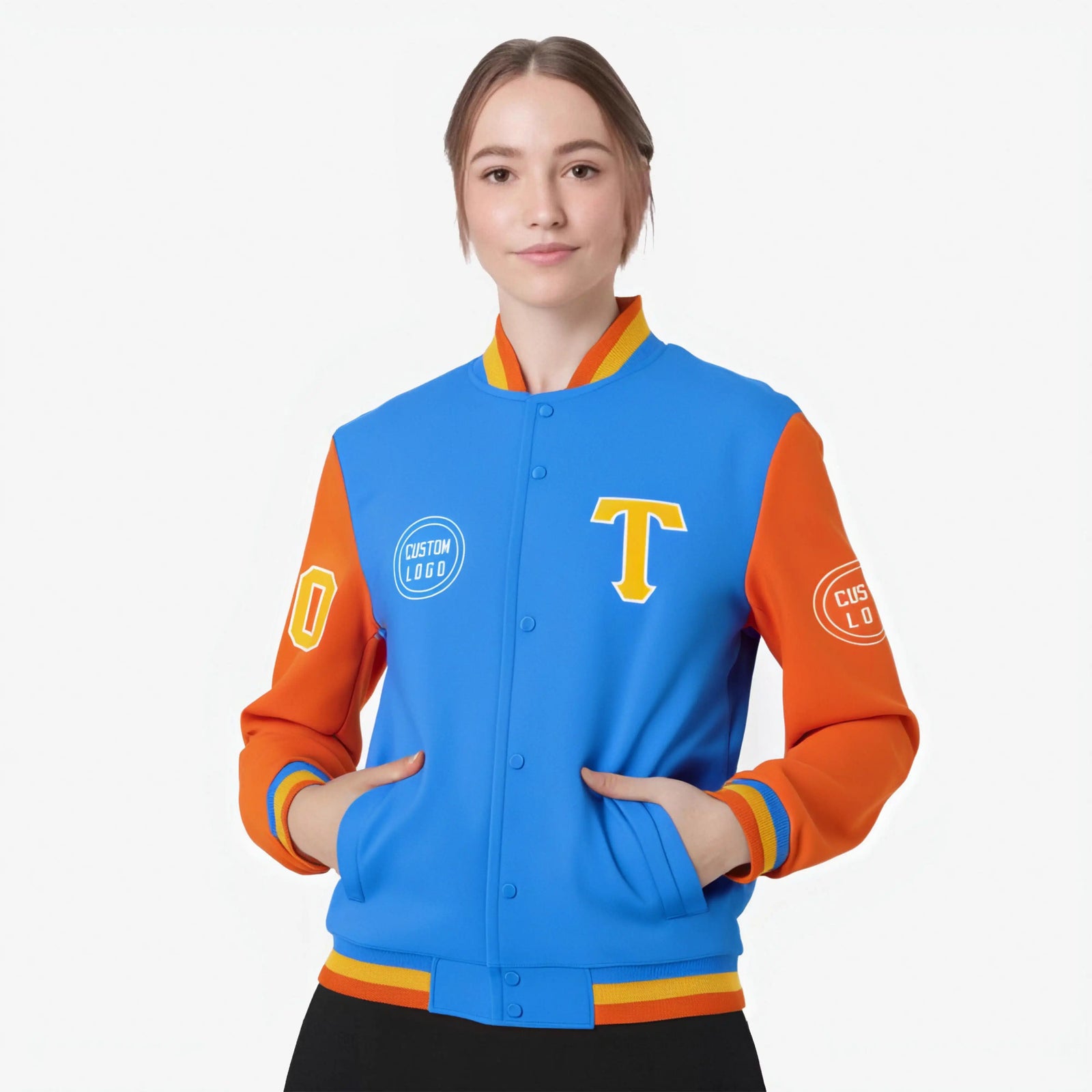 Custom Powder Blue Orange Bomber Full-Snap Varsity Letterman Two Tone Jacket