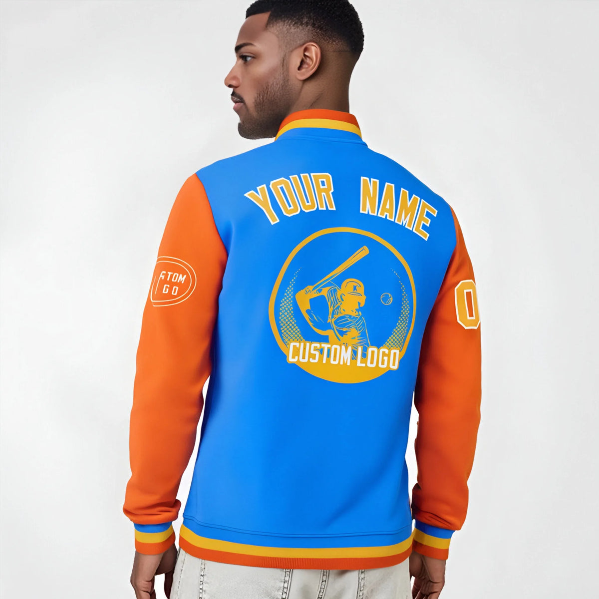 Custom Powder Blue Orange Bomber Full-Snap Varsity Letterman Two Tone Jacket