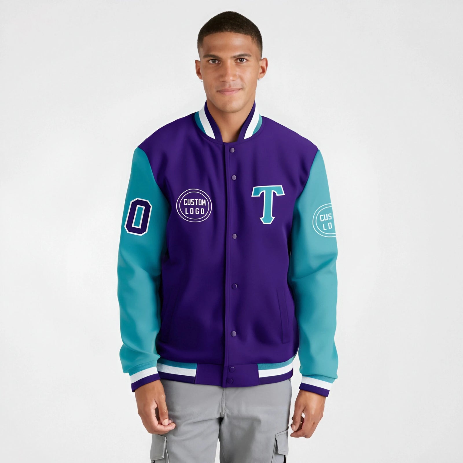 Custom Purple Aqua Bomber Full-Snap Varsity Letterman Two Tone Jacket