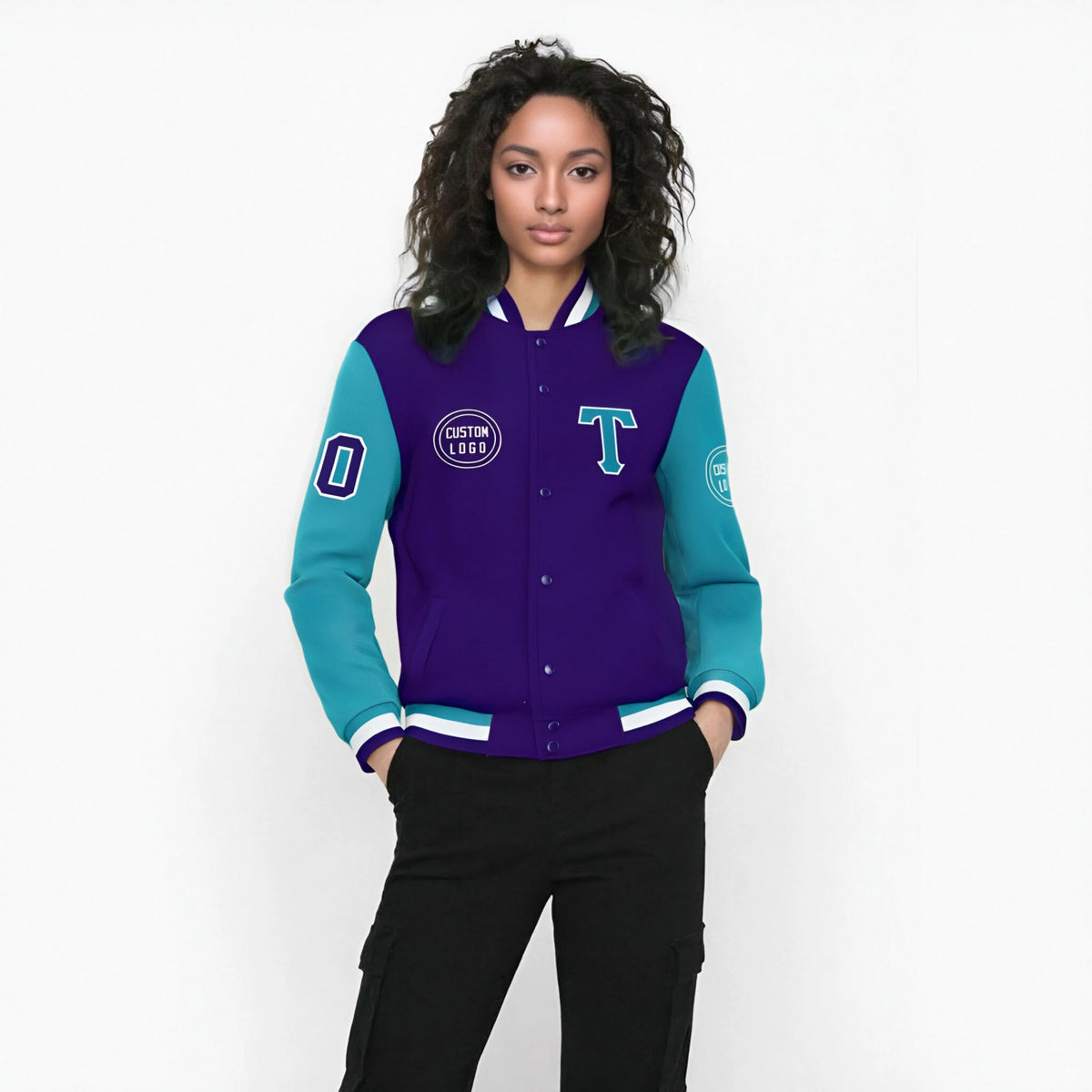 Custom Purple Aqua Bomber Full-Snap Varsity Letterman Two Tone Jacket