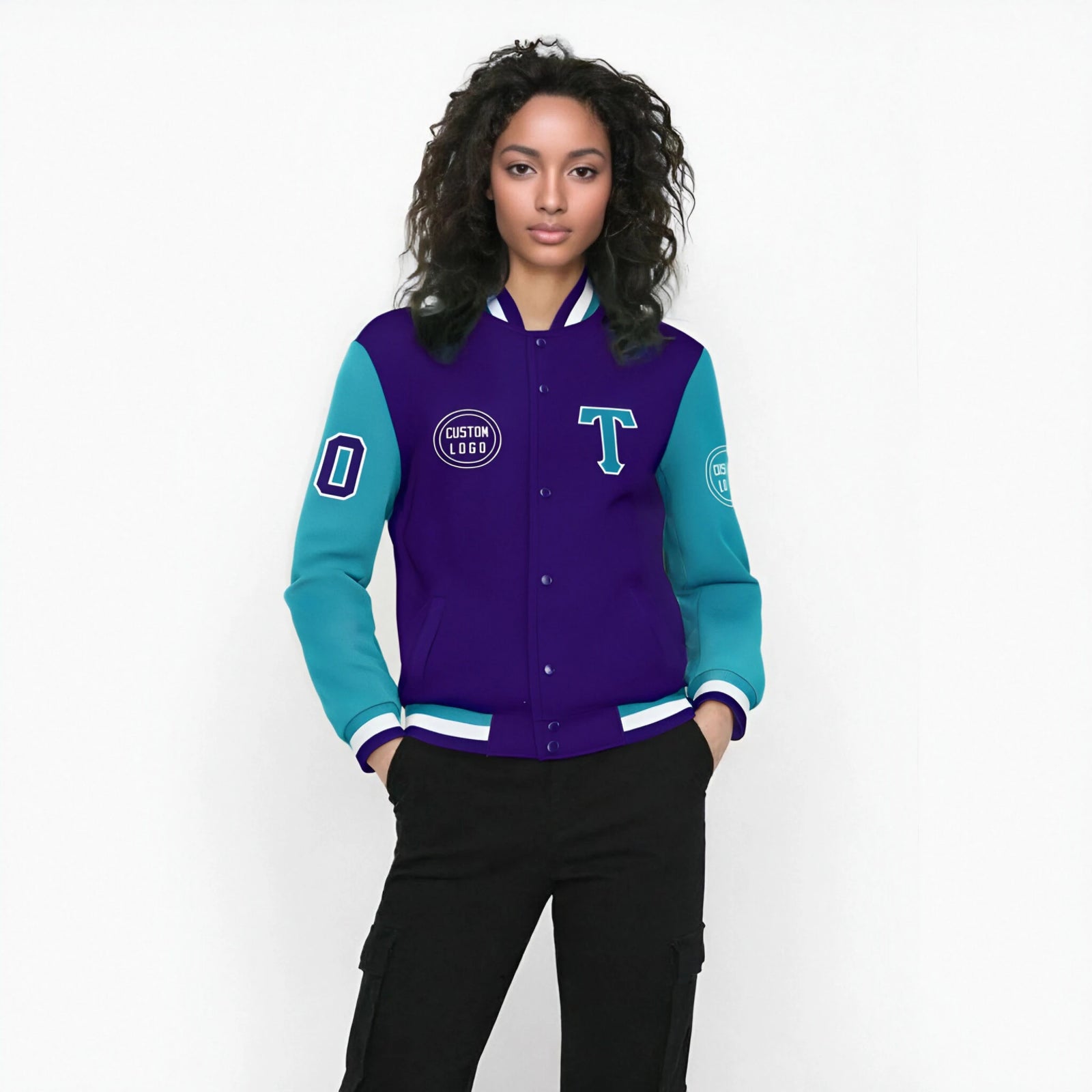 Custom Purple Aqua Bomber Full-Snap Varsity Letterman Two Tone Jacket