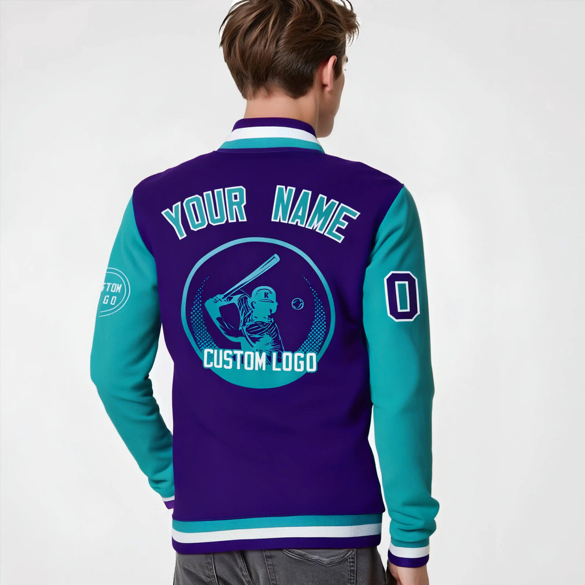Custom Purple Aqua Bomber Full-Snap Varsity Letterman Two Tone Jacket