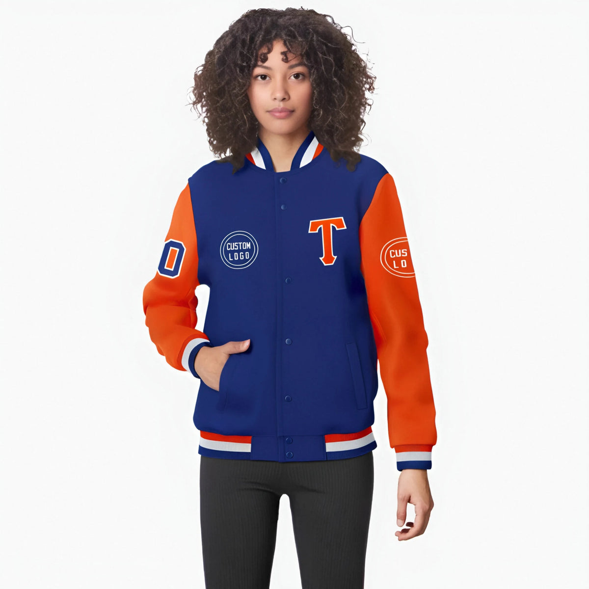 Custom Royal Blue Orange Bomber Full-Snap Varsity Letterman Two Tone Jacket