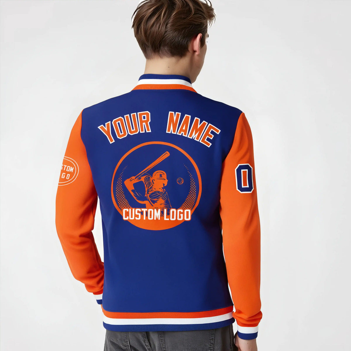Custom Royal Blue Orange Bomber Full-Snap Varsity Letterman Two Tone Jacket