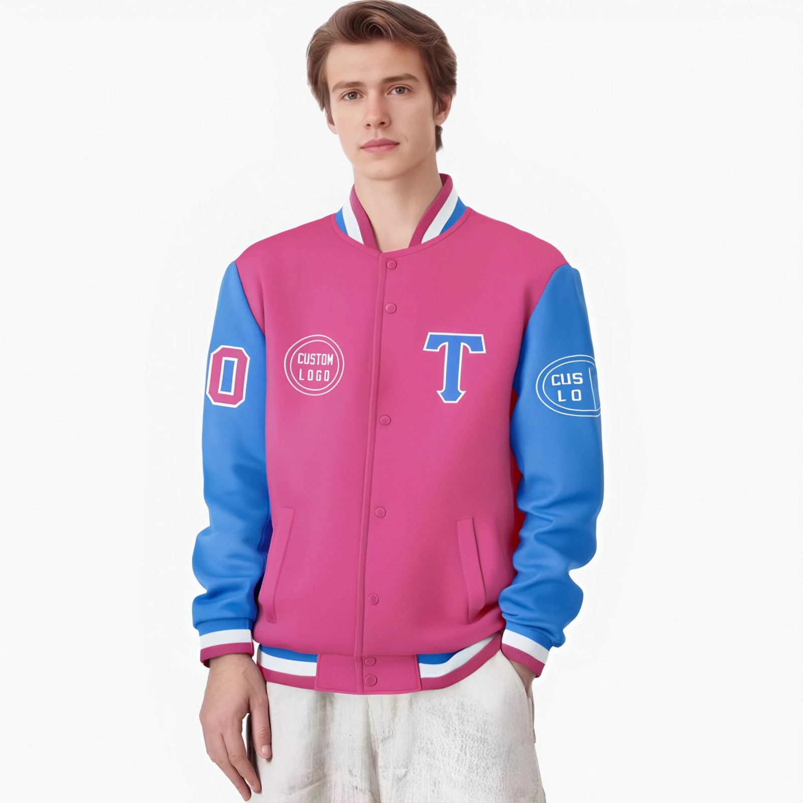 Custom Pink Powder Blue Bomber Full-Snap Varsity Letterman Two Tone Jacket