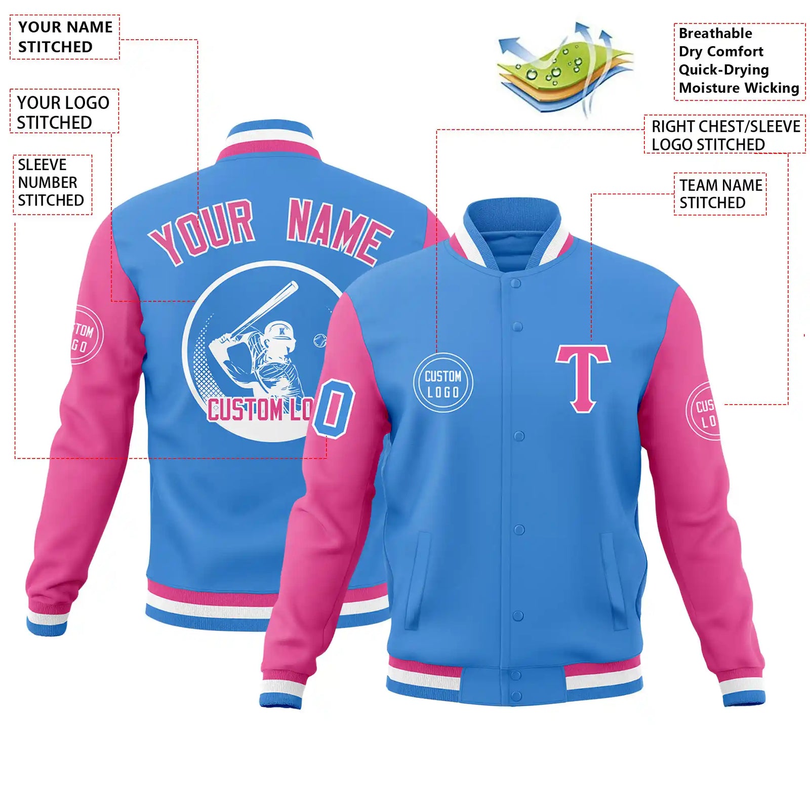 Custom Powder Blue Pink Bomber Full-Snap Varsity Letterman Two Tone Jacket