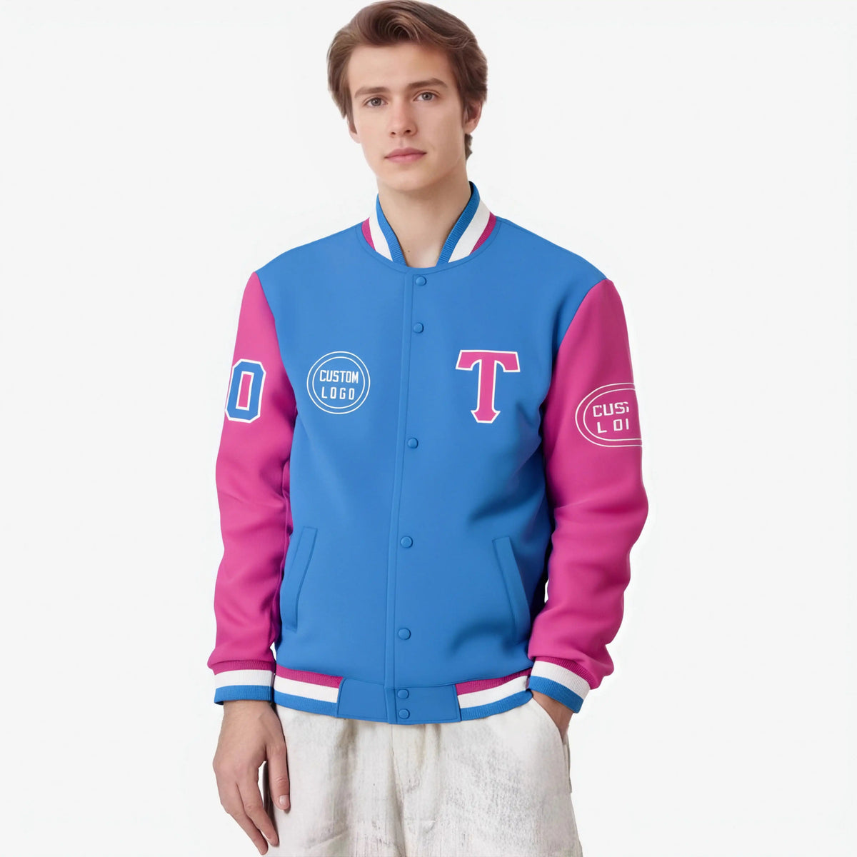Custom Powder Blue Pink Bomber Full-Snap Varsity Letterman Two Tone Jacket