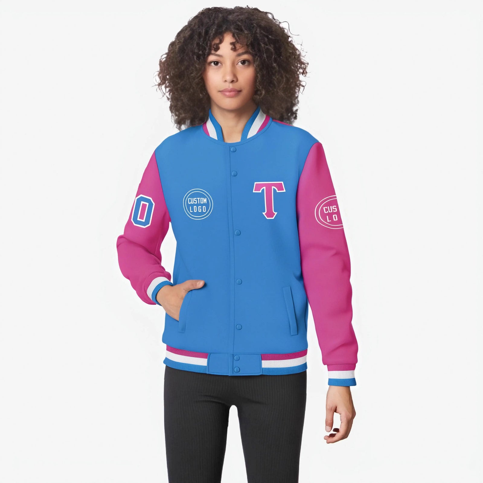 Custom Powder Blue Pink Bomber Full-Snap Varsity Letterman Two Tone Jacket