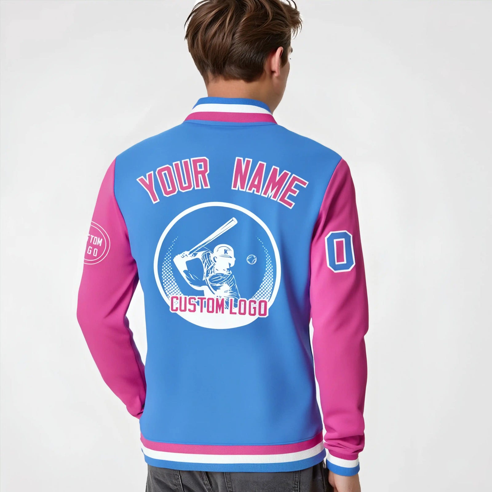 Custom Powder Blue Pink Bomber Full-Snap Varsity Letterman Two Tone Jacket