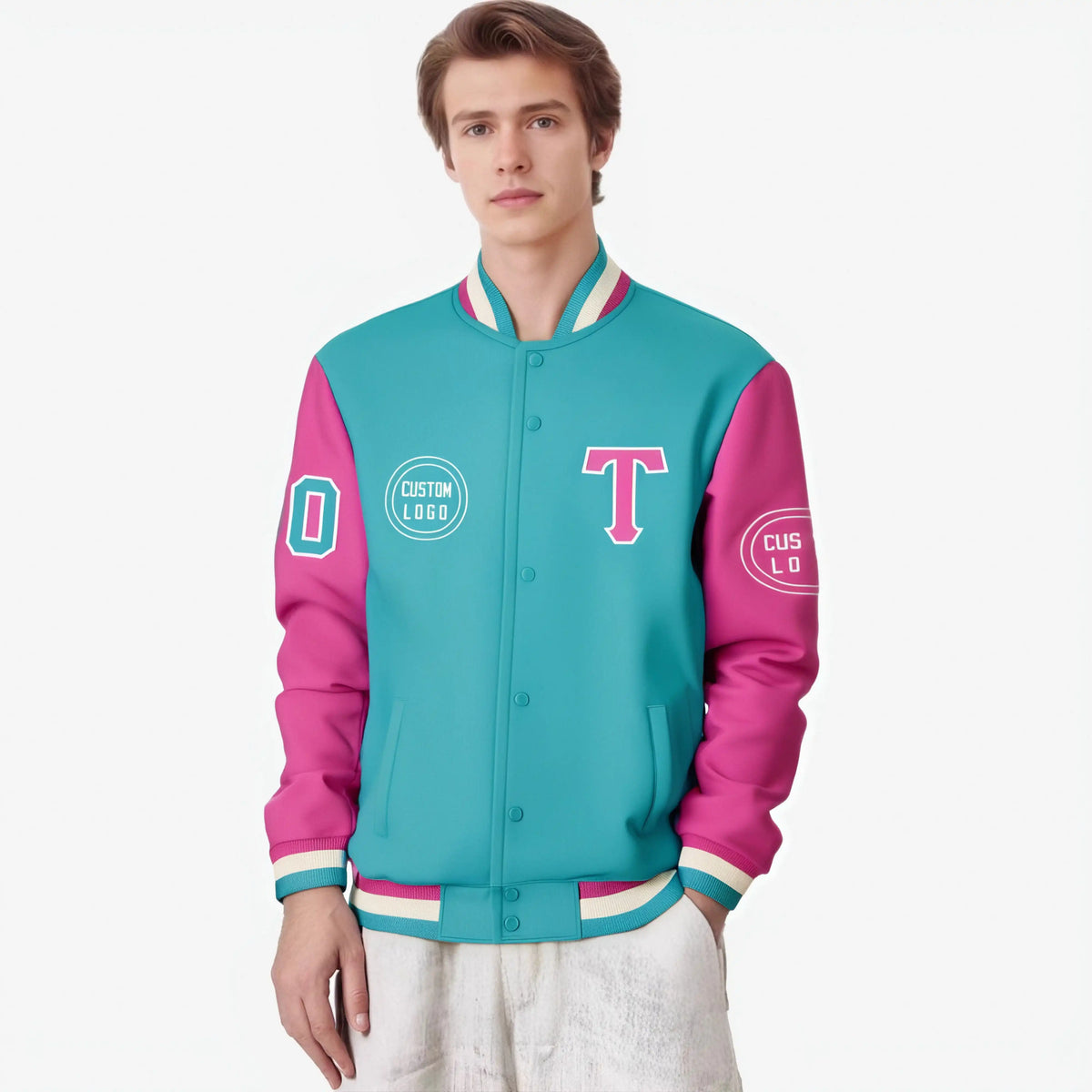 Custom Bright Green Pink Bomber Full-Snap Varsity Letterman Two Tone Jacket