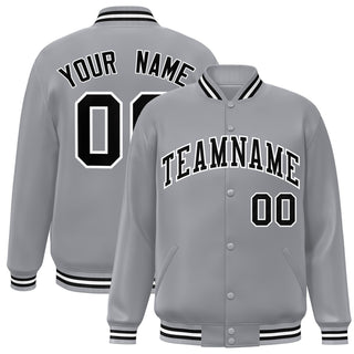 Custom Gray Black-White Bomber Full-Snap Varsity Letterman Jacket - Style 1