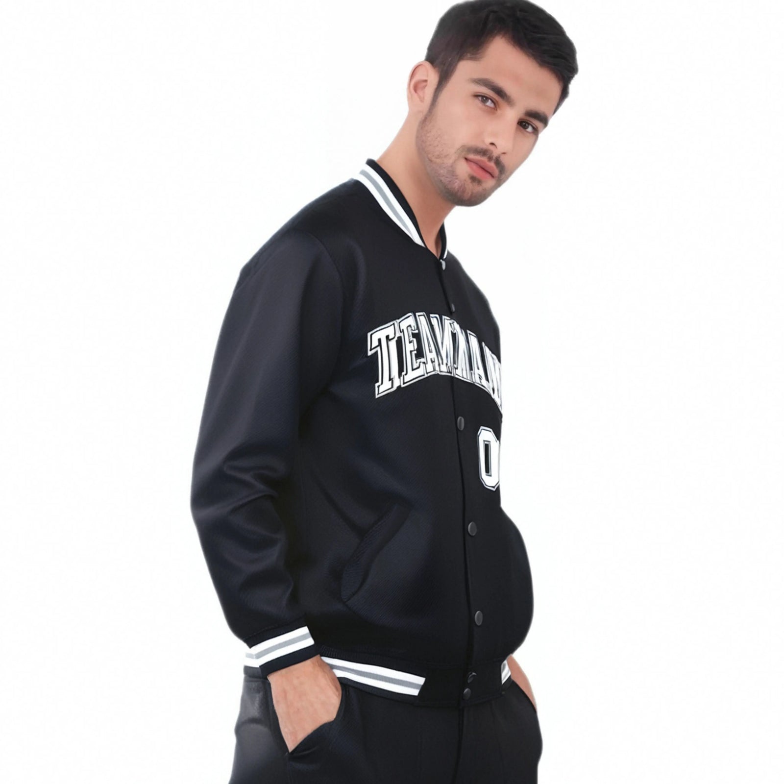 Custom Black White-Gray Bomber Full-Snap Varsity Letterman Jacket