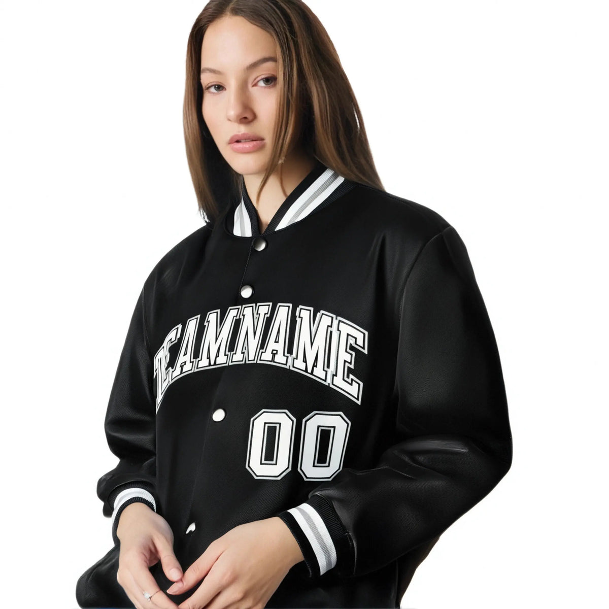 Custom Black White-Gray Bomber Full-Snap Varsity Letterman Jacket