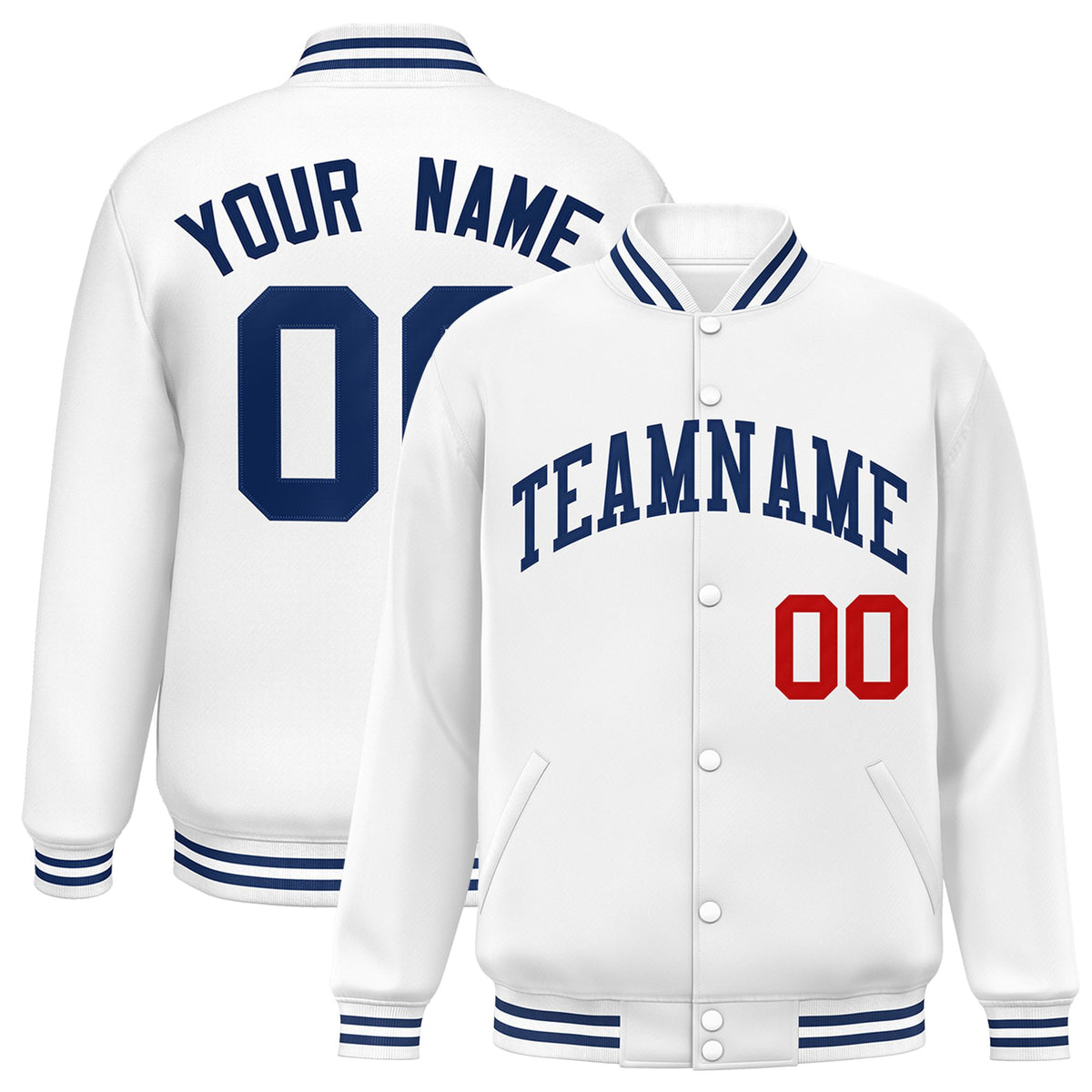 Custom White Navy-Red Bomber Full-Snap Varsity Letterman Jacket