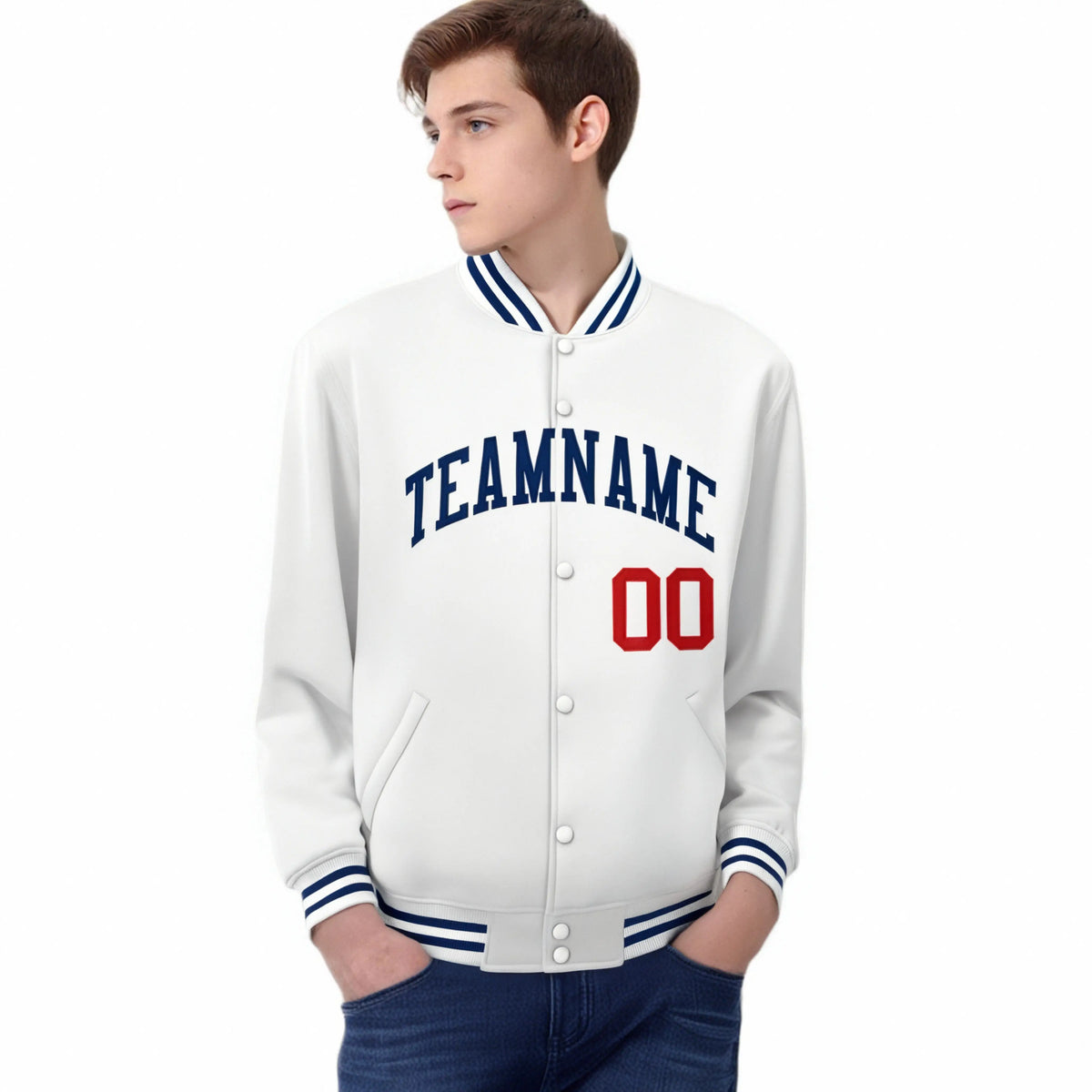 Custom White Navy-Red Bomber Full-Snap Varsity Letterman Jacket
