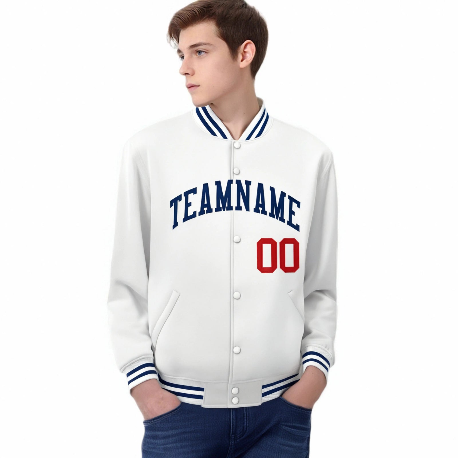 Custom White Navy-Red Bomber Full-Snap Varsity Letterman Jacket
