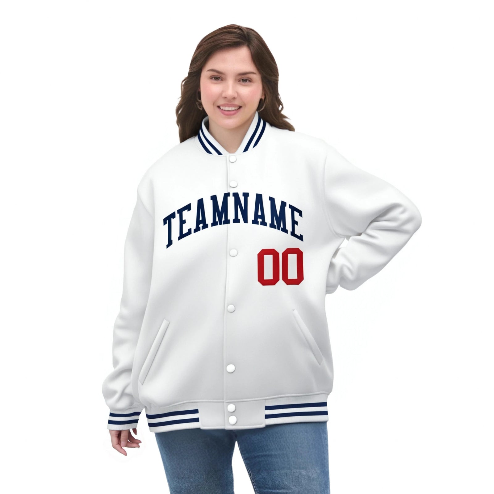 Custom White Navy-Red Bomber Full-Snap Varsity Letterman Jacket