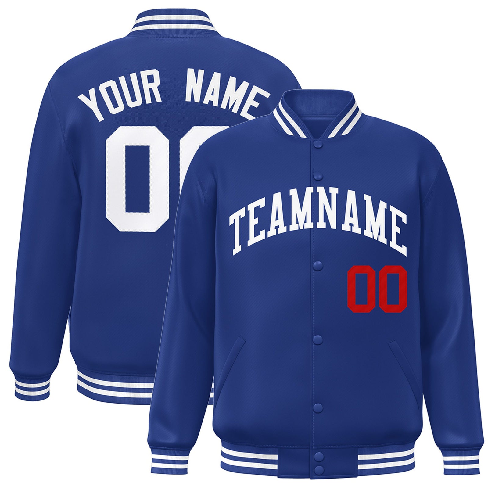 Custom Thunder Blue White-Red Bomber Full-Snap Varsity Letterman Jacket