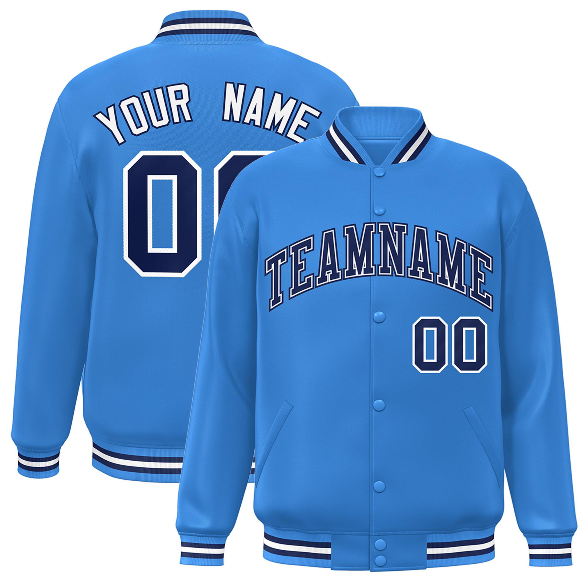 Custom Light Blue Navy-White Bomber Full-Snap Varsity Letterman Jacket