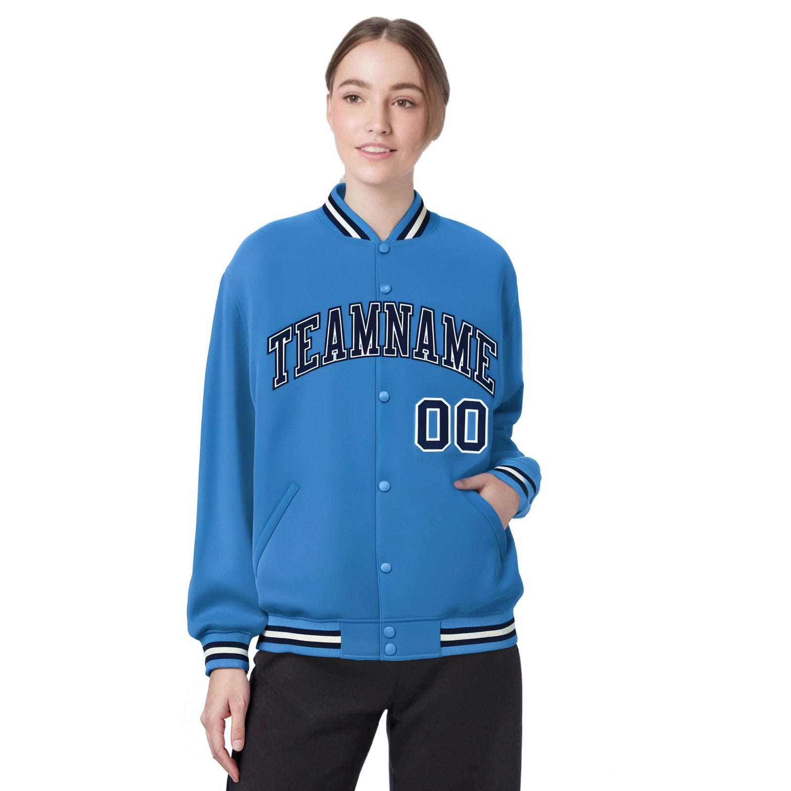 Custom Light Blue Navy-White Bomber Full-Snap Varsity Letterman Jacket